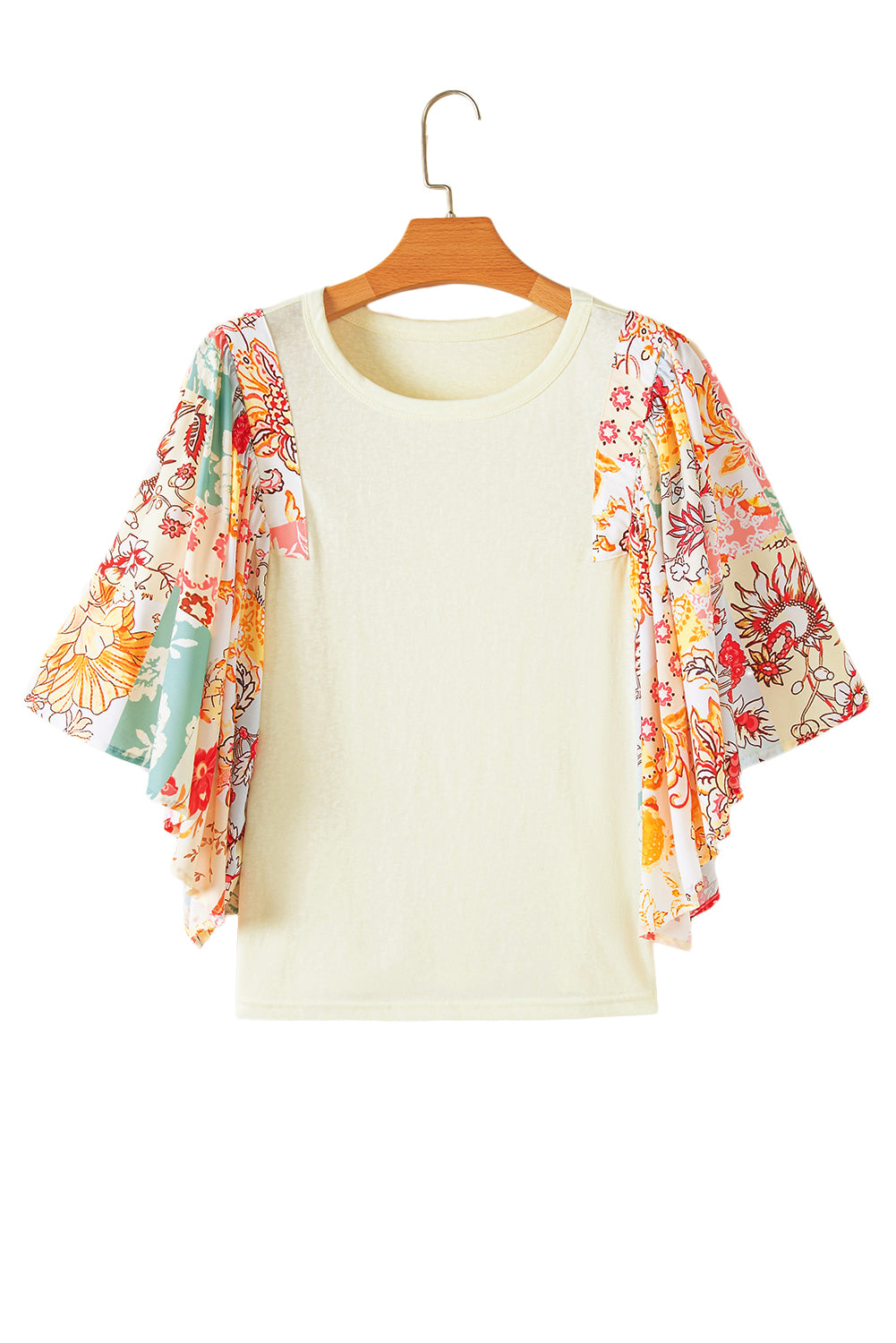 Beige Floral Patchwork Batwing Sleeve Blouse