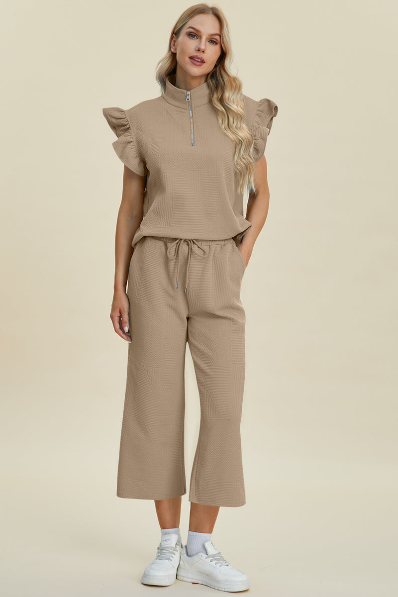 Double Take Texture Ruffle Short Sleeve Top and Wide Leg Pants Set