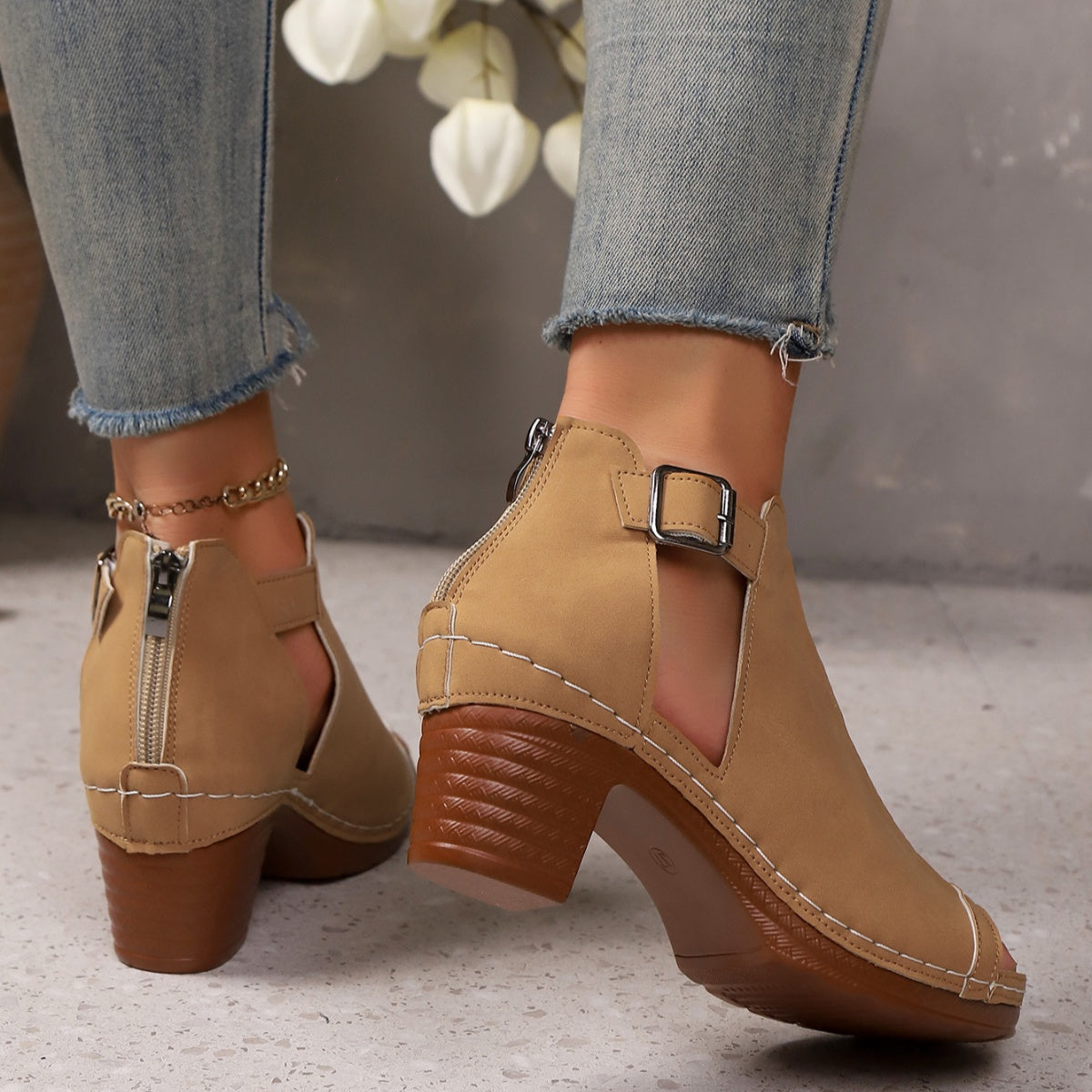 Open toe block heels sandals by Trendsi, showing beige leather straps and chunky heel, stylish and comfortable for warm weather.