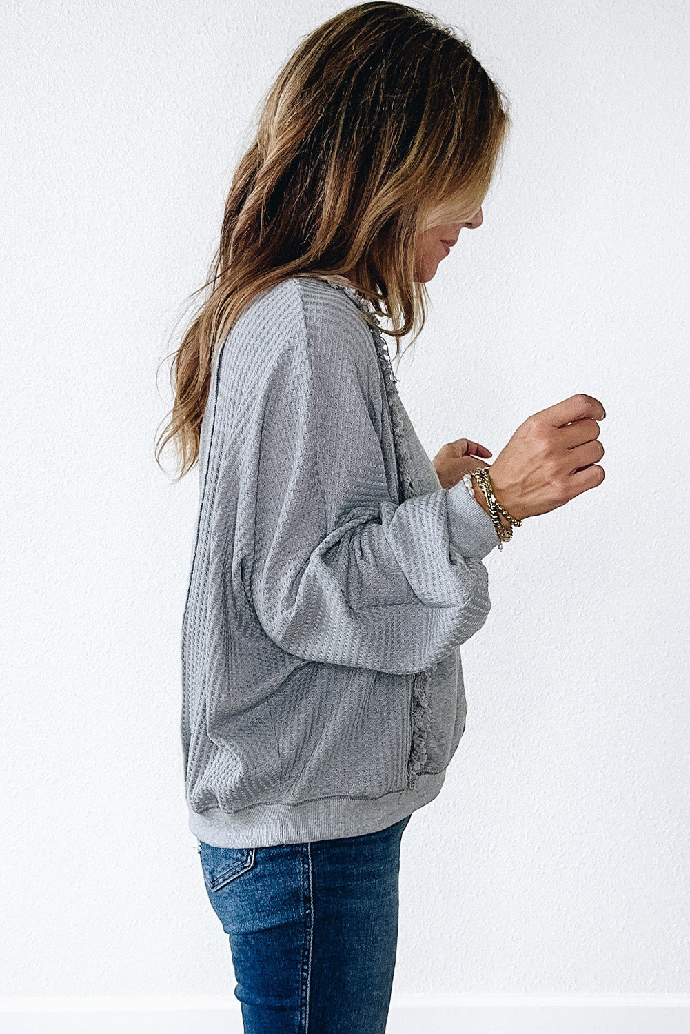 Light Grey Waffle Patchwork Long Sleeve Pullover Top