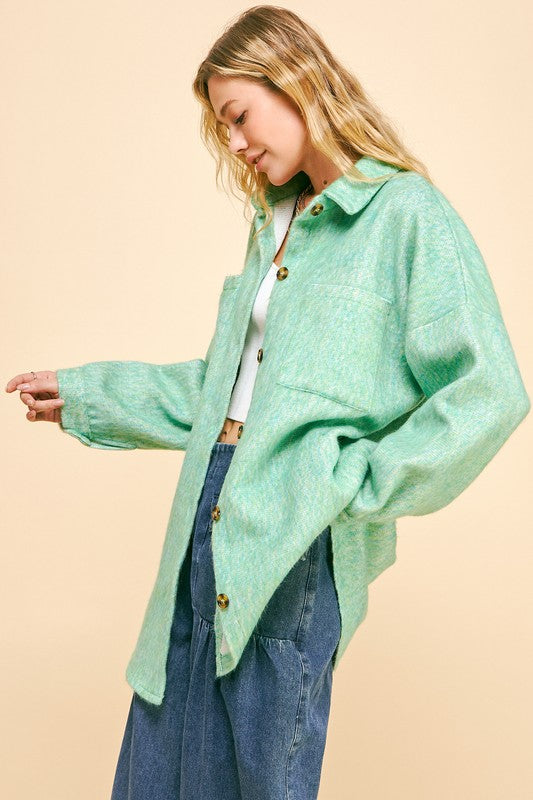 Curved Hem Heathered Dropped Shoulder Shacket