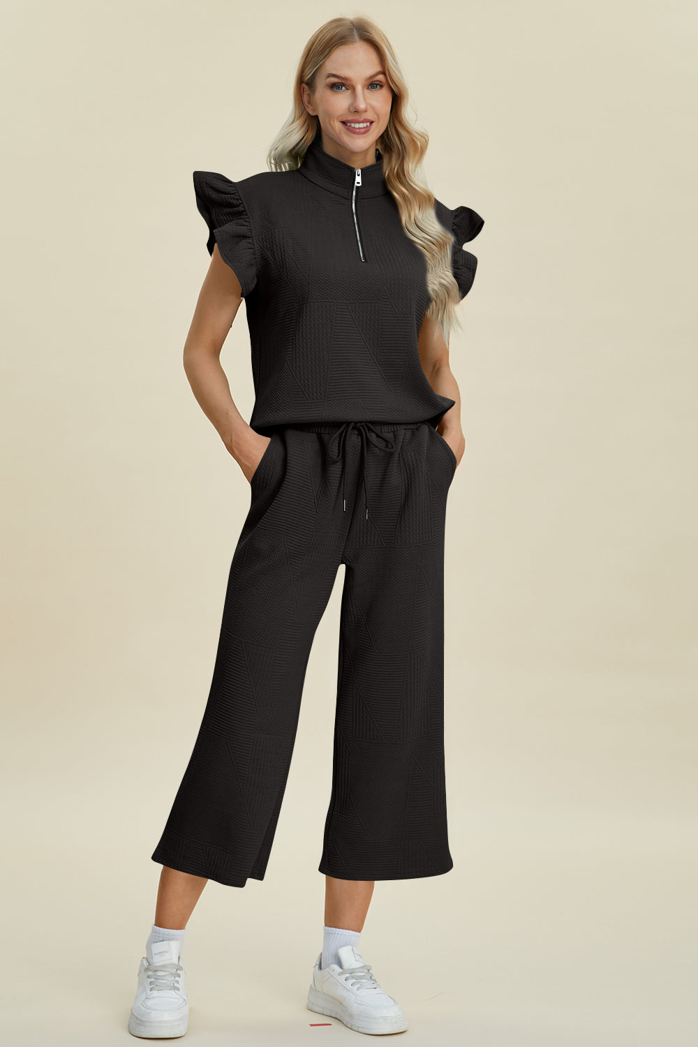 Double Take Texture Ruffle Short Sleeve Top and Wide Leg Pants Set