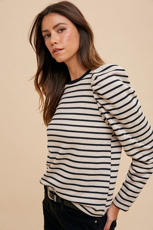 Striped Round Neck Puff Sleeve French Terry Top