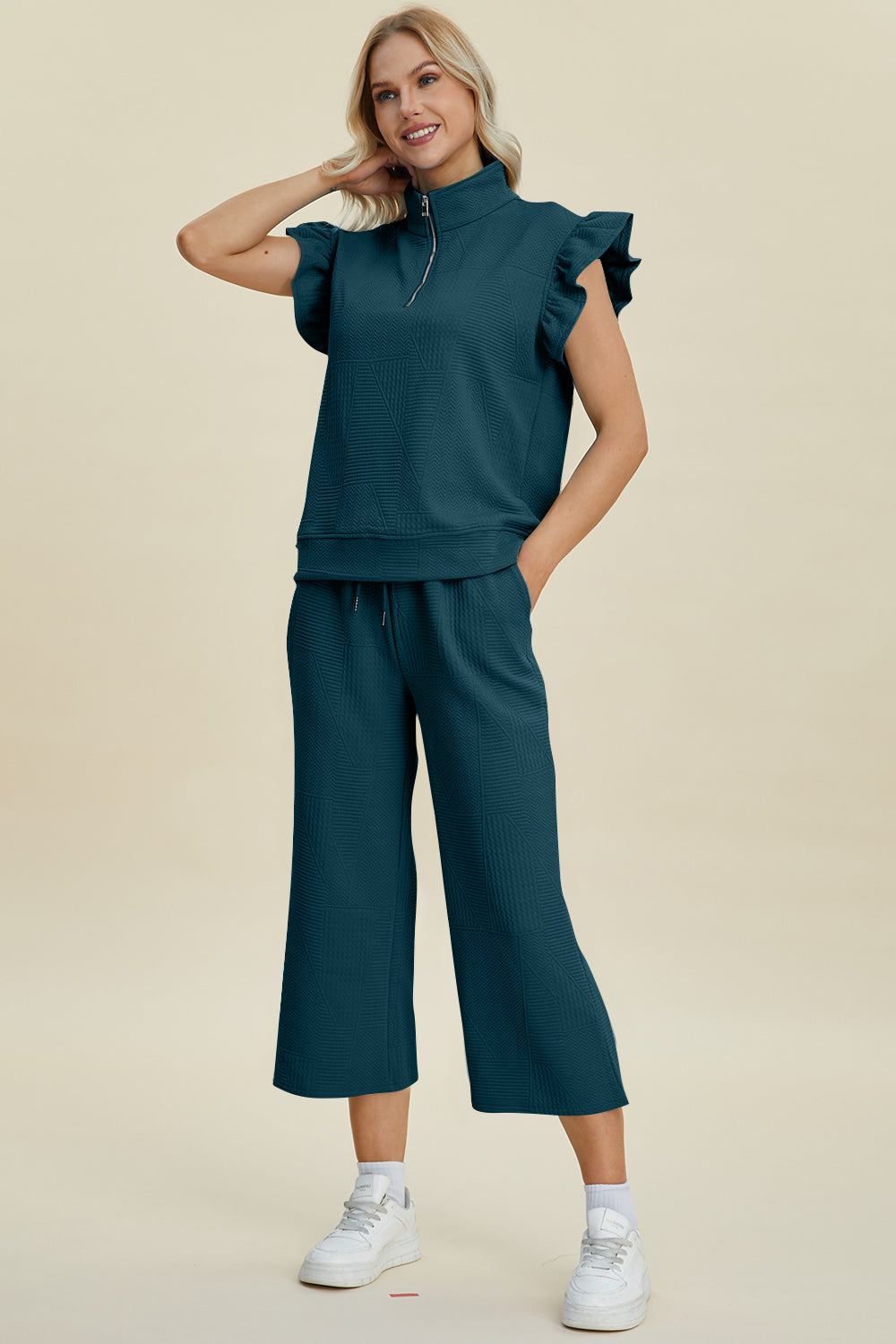 Double Take Texture Ruffle Short Sleeve Top and Wide Leg Pants Set