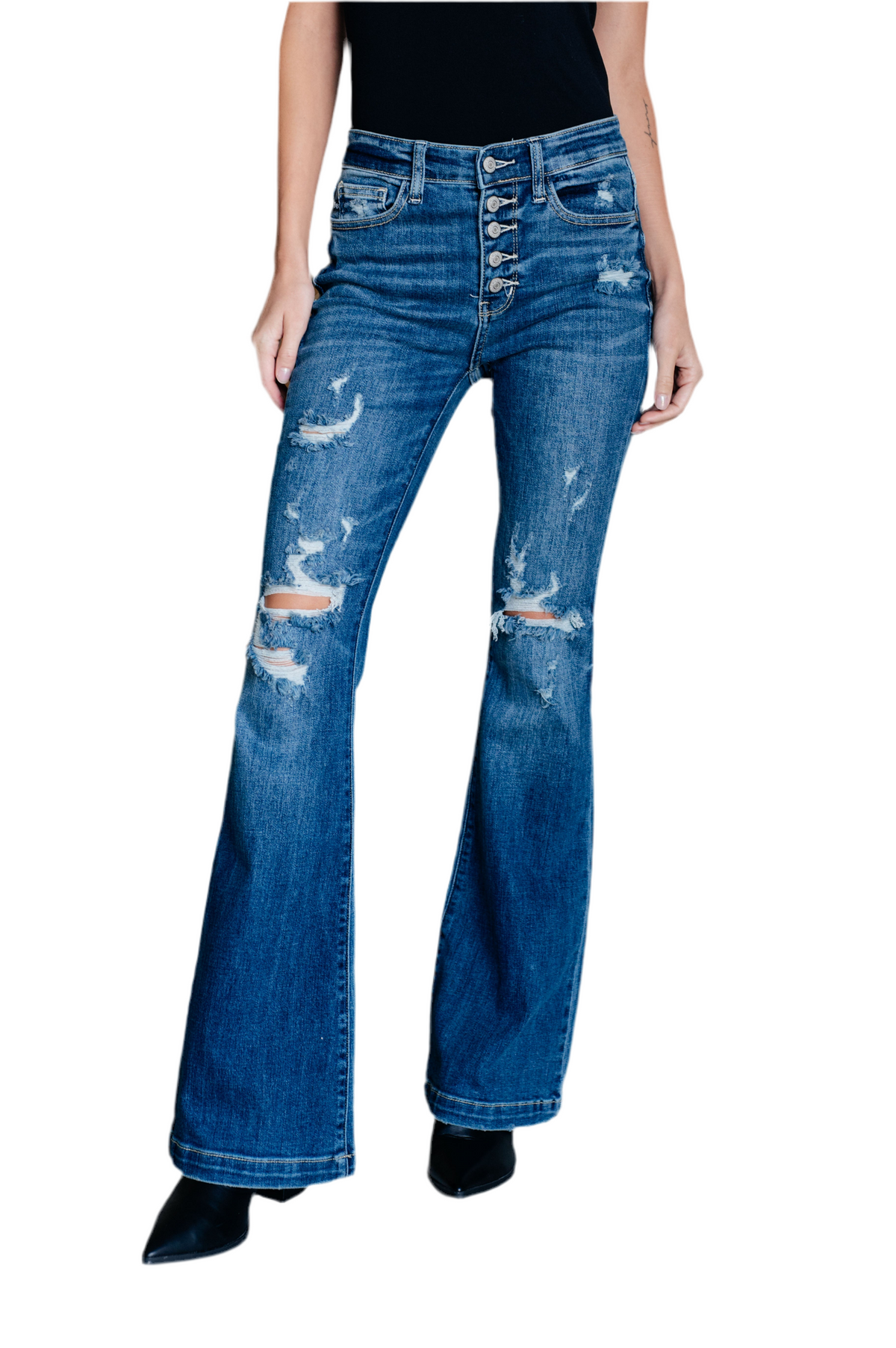 Gabriella Mid Rise Distressed Button Fly Flare Jeans