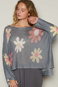 Flower Dropped Shoulder Long Sleeve Knit Top