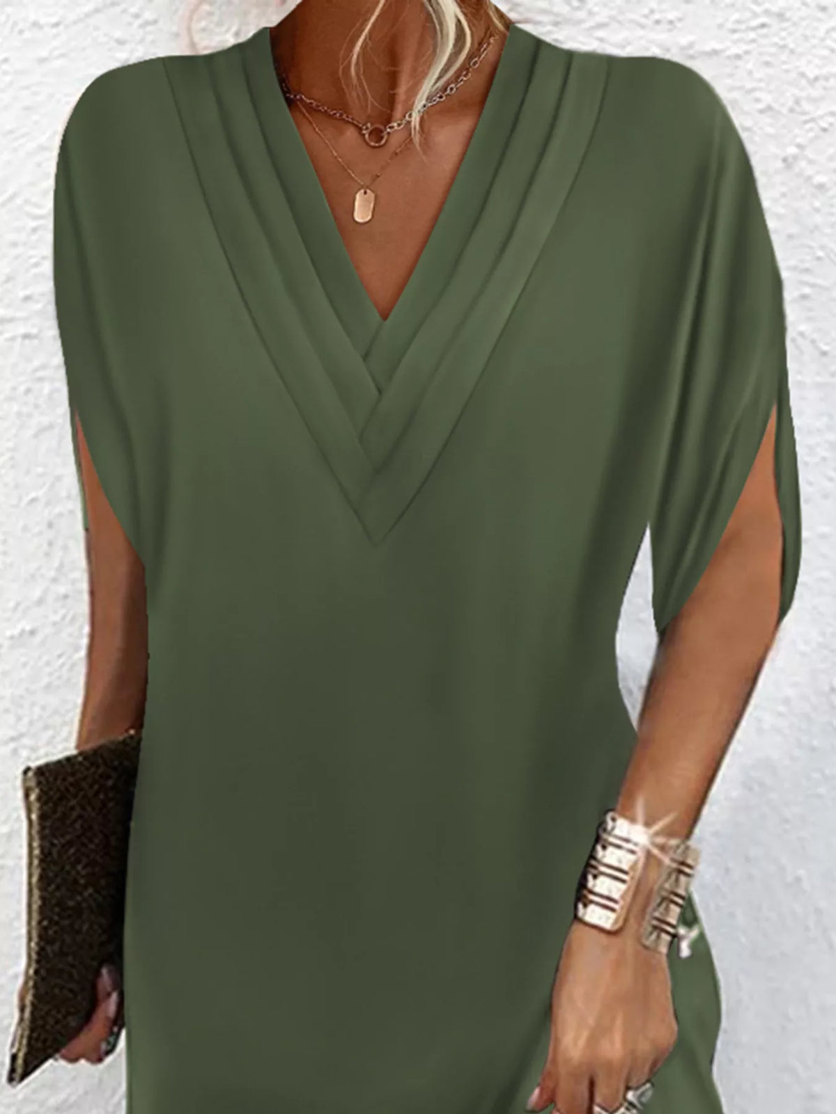 Plus size Trendsi full size mini dress with v-neck and slit sleeves, featuring a stylish and flattering design.