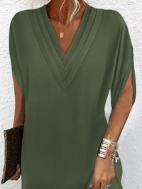 Plus size Trendsi full size mini dress with v-neck and slit sleeves, featuring a stylish and flattering design.