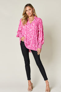 Double Take Printed Smocked Long Sleeve Blouse