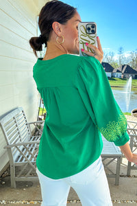 Green Floral 3/4 Sleeve Notched V Neck Blouse