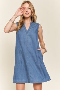 Notched Sleeveless Denim Dress with Pockets