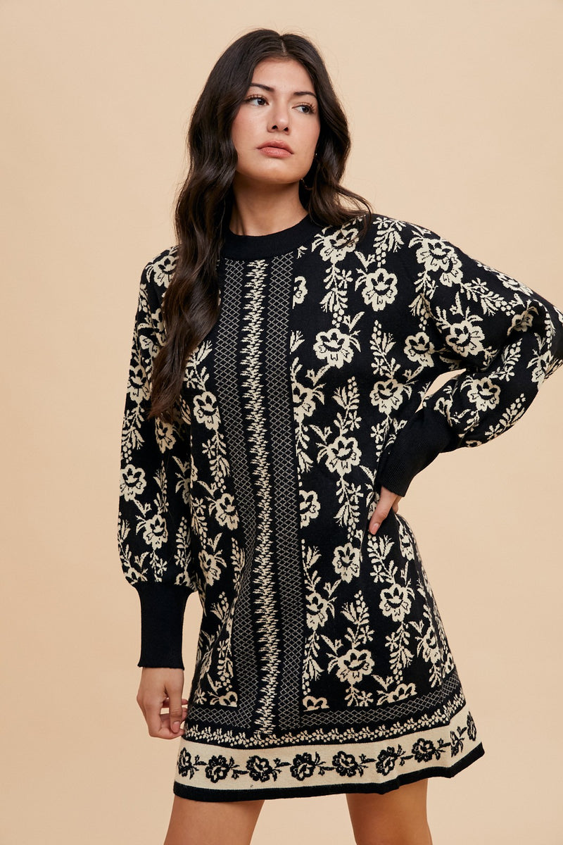 Floral Jacquard Round Neck Sweater Dress