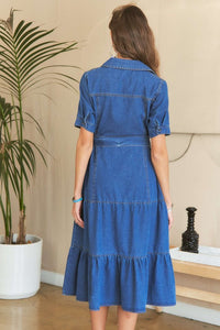 Tiered Button Down Tie Waist Short Sleeve Denim Dress