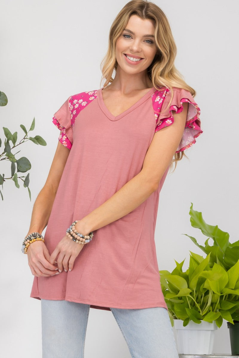 Celeste Floral Contrast Short Sleeve Top