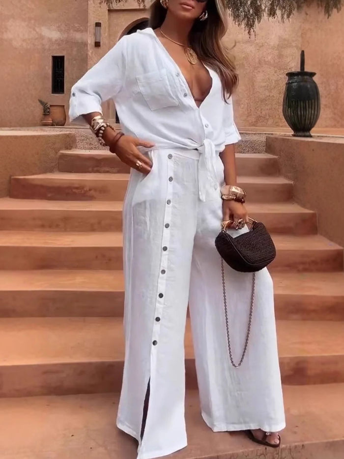 Maison button-down shirt and wide-leg pants set by Trendsi, featuring a stylish matching two-piece outfit with a relaxed fit.