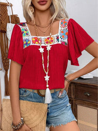 Embroidered square neck flutter sleeve blouse by Trendsi featuring intricate embroidery and flowing fabric in a stylish design.