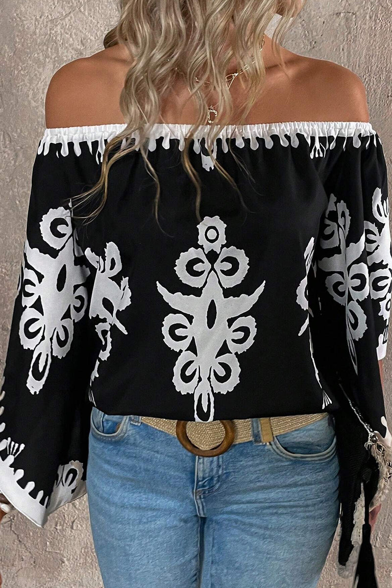 Black Abstract Print Off Shoulder Flounce Sleeve Blouse