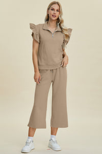 Double Take Texture Ruffle Short Sleeve Top and Wide Leg Pants Set