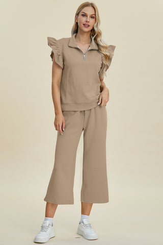 Double Take Texture Ruffle Short Sleeve Top and Wide Leg Pants Set