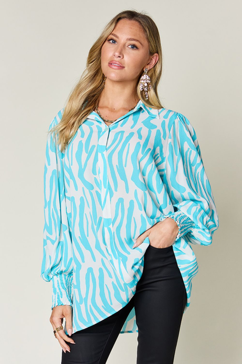 Double Take Printed Smocked Long Sleeve Blouse