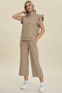 Double Take Texture Ruffle Short Sleeve Top and Wide Leg Pants Set