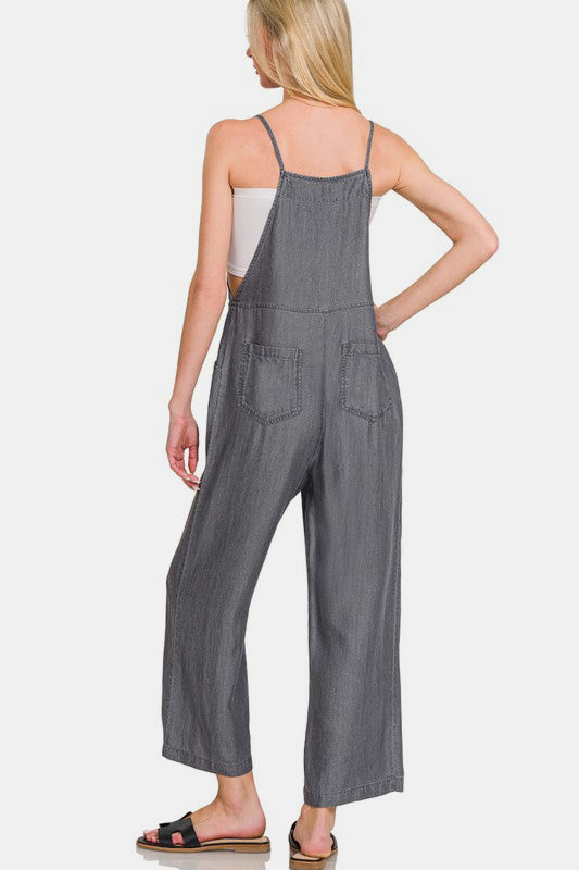 Washed Adjustable Strap Wide Leg Denim Overalls