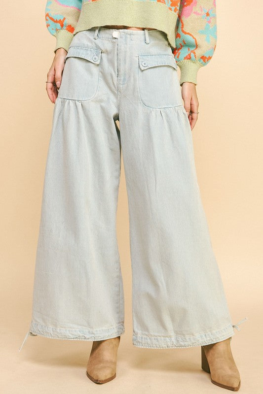 Drawstring Hem Wide Leg Mid Rise Jeans