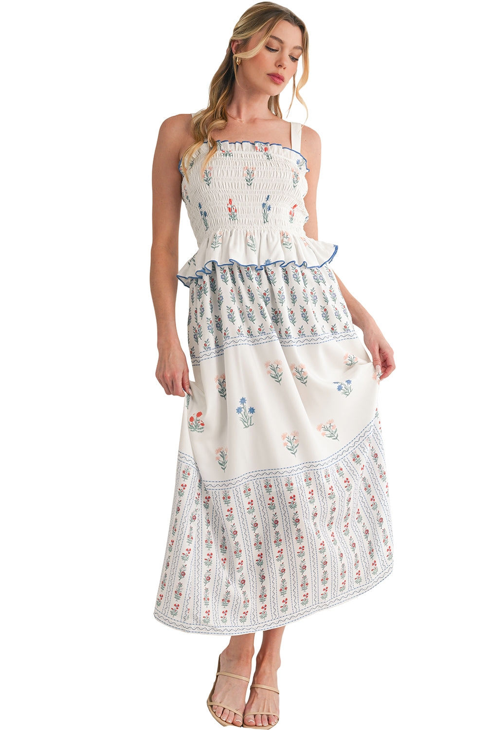 White Floral Print Frill Smocked Bodice Boho Dress