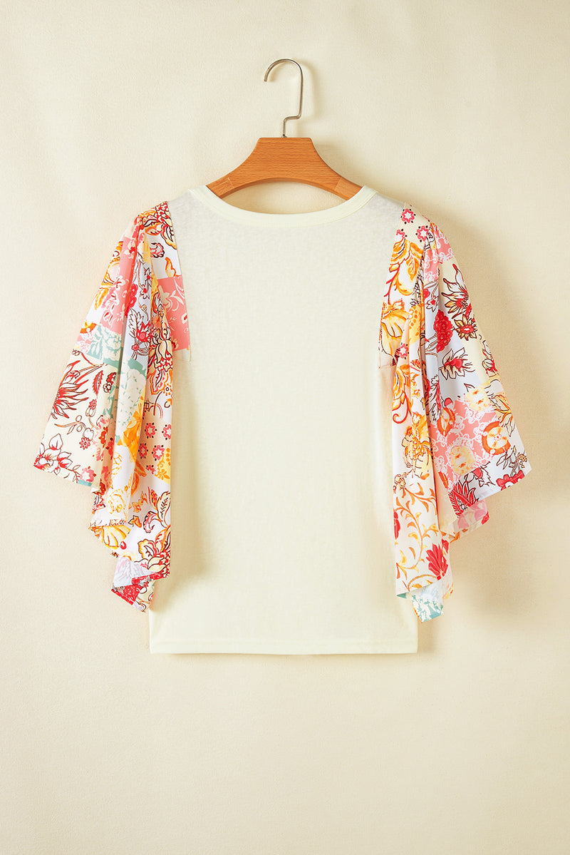 Beige Floral Patchwork Batwing Sleeve Blouse