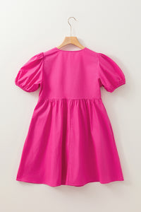 Bright Pink Tie Front Puff Sleeve Mini Dress