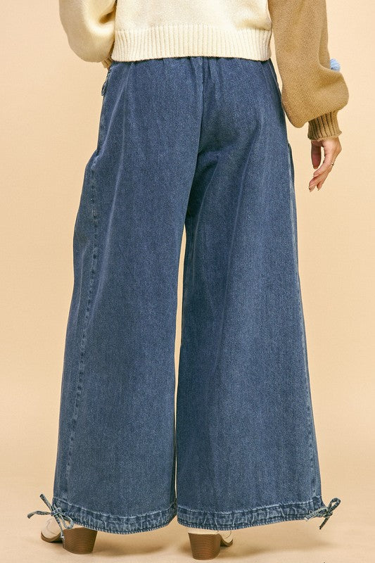 Drawstring Hem Wide Leg Mid Rise Jeans