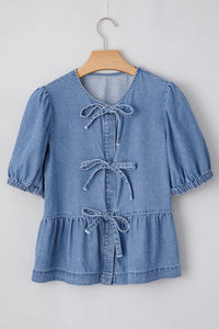 Dusk Blue Bow Tie Front Bubble Sleeve Peplum Denim Shirt