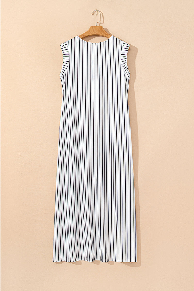 Black White Striped Round Neck Maxi Vest Dress