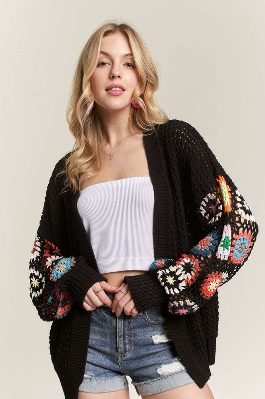 Contrast Crochet Open Front Long Sleeve Cardigan