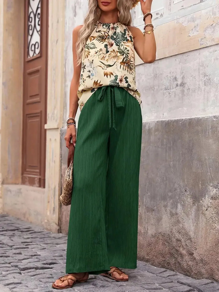 Trendsi printed tank top paired with wide leg pants in a cozy two-piece lounge set, displayed on a neutral background.
