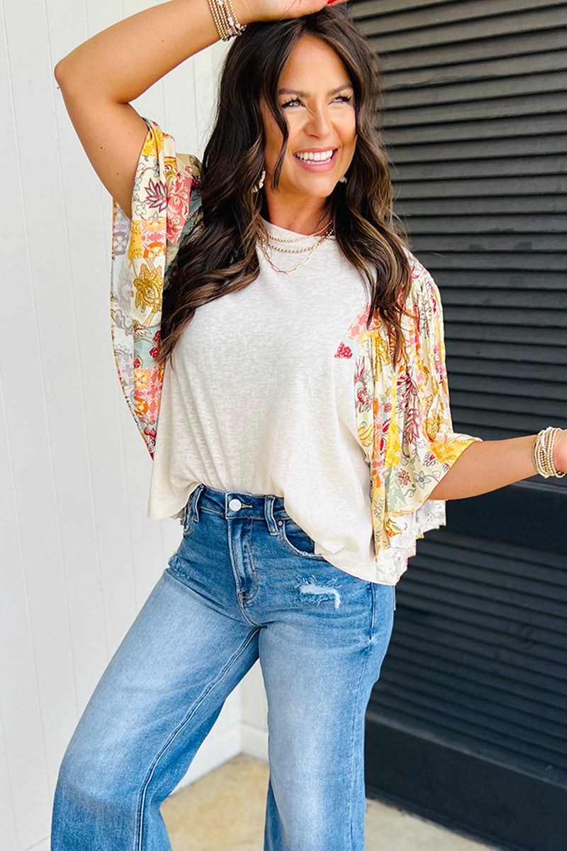 Beige Floral Patchwork Batwing Sleeve Blouse