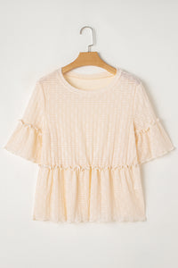 Beige Solid Color Lace Textured Ruffle Blouse