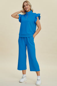 Double Take Texture Ruffle Short Sleeve Top and Wide Leg Pants Set