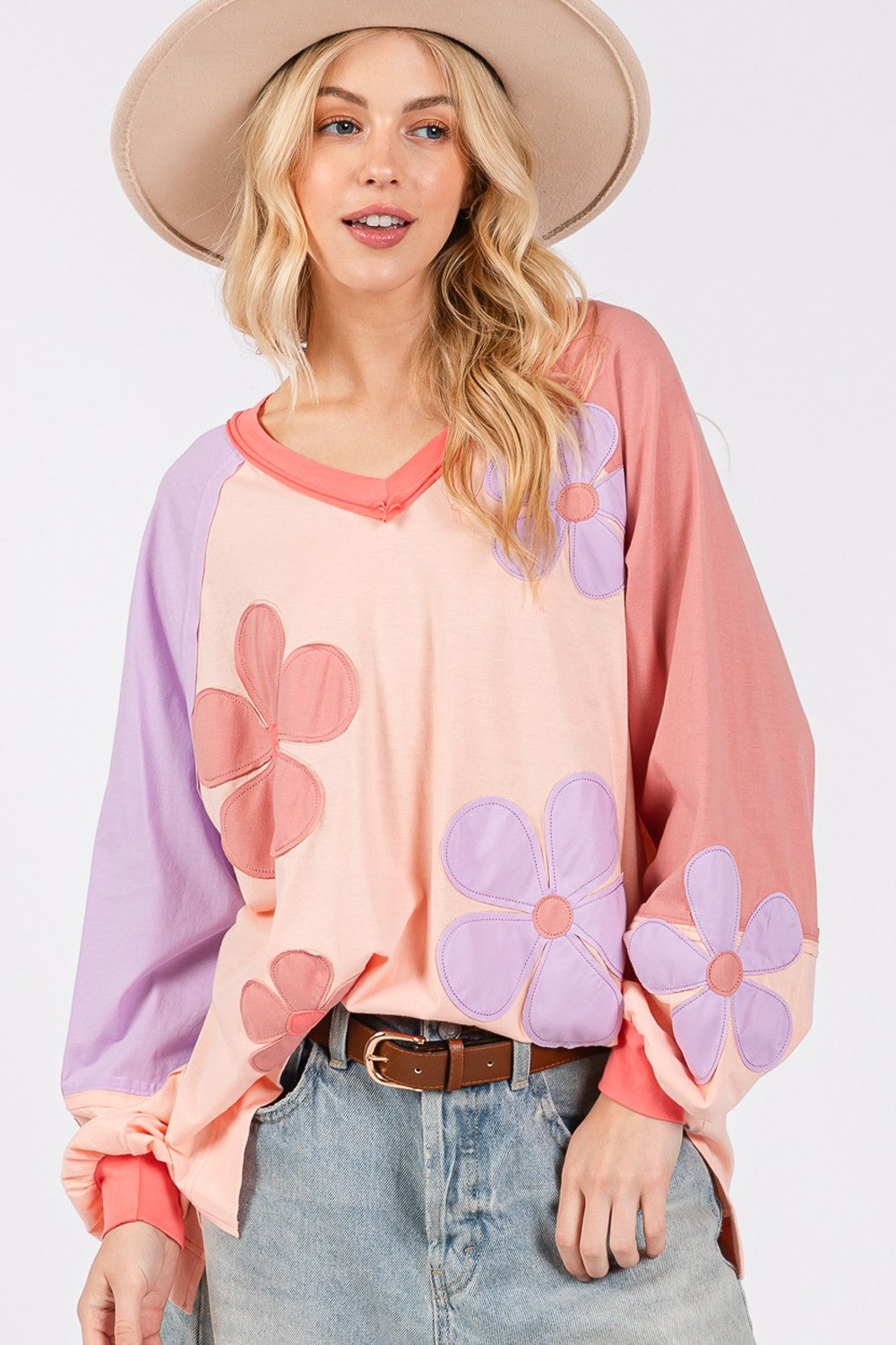 SAGE + FIG Daisy Applique Patch Color Block Long Sleeve Top