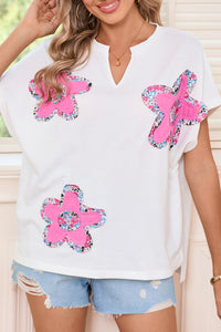 White Cute Floral Patch V-Neck Short Sleeve T-Shirt