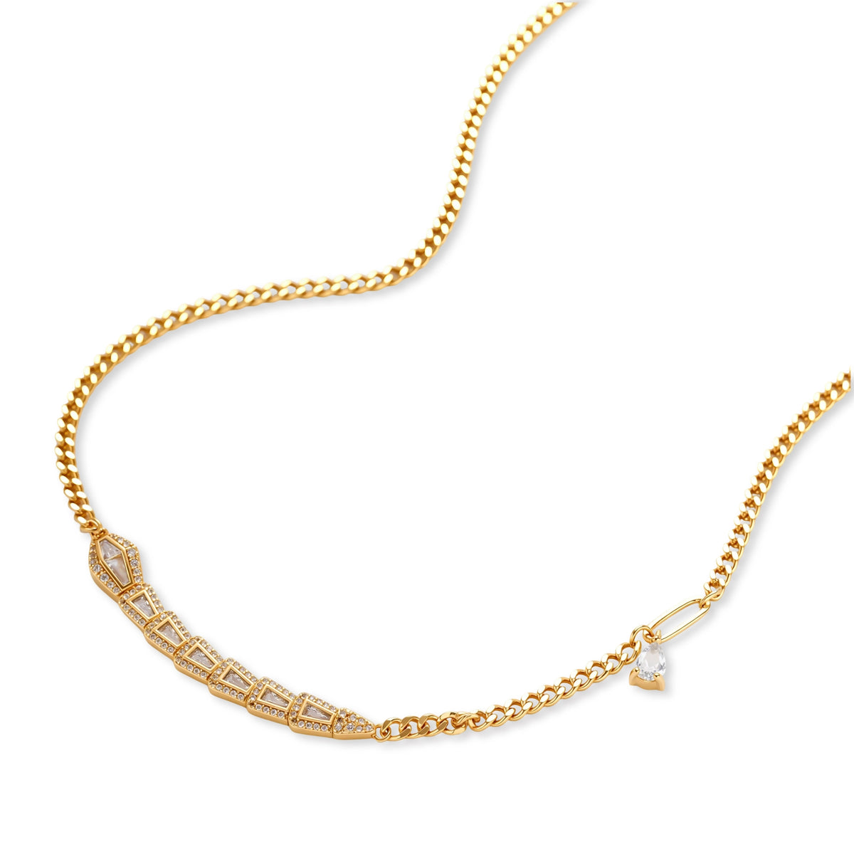 Gold-plated necklace with geometric diamond segments and matching huggie earrings featuring cubic zirconia details