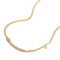 Gold-plated necklace with geometric diamond segments and matching huggie earrings featuring cubic zirconia details