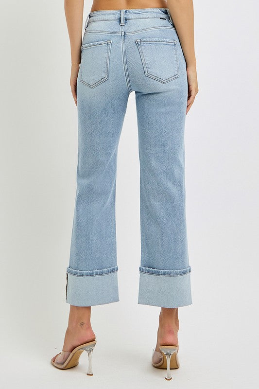 Ankle Straight Leg Cuffed Jeans