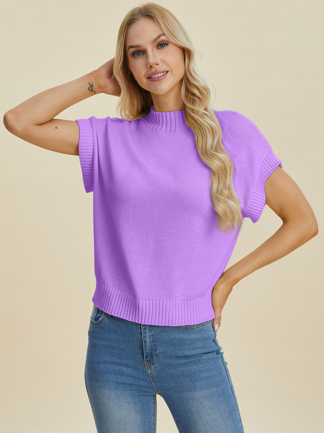 Double Take Mock Neck Short Sleeve Sweater