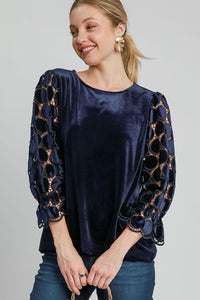 Polka Dot Lace Long Sleeve Round Neck Blouse