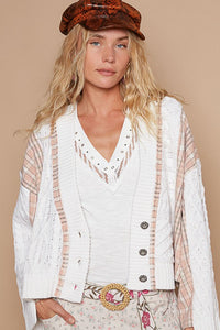 POL Cable-Knit Plaid V-Neck Button Up Cardigan