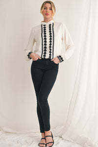 Beige Cute Flower Stand Neck Buttoned Shirt