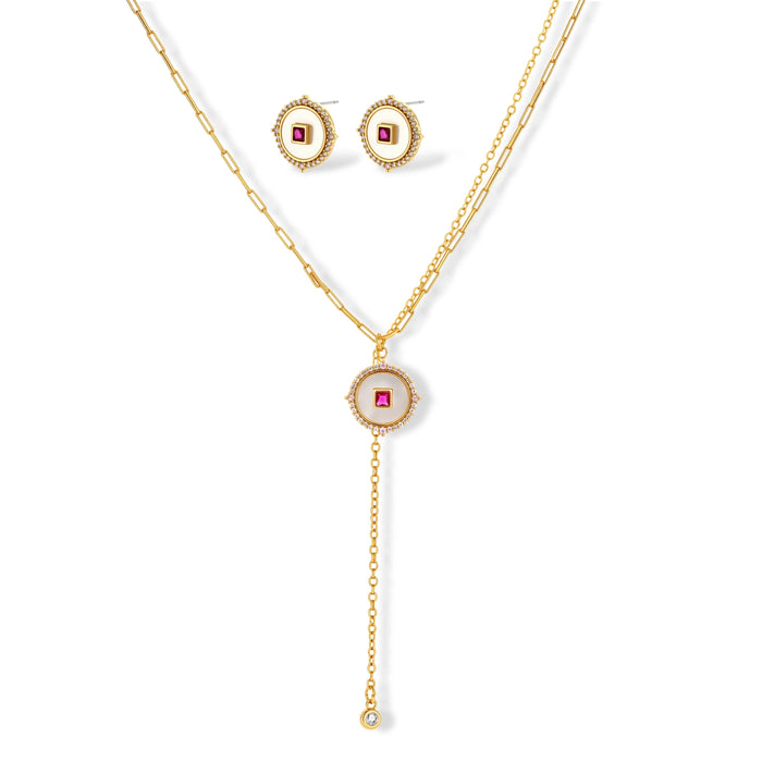 Gold-plated circular medallion necklace set with white enamel base and pink cubic zirconia accent stones