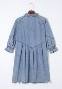 Distressed Collared Neck Flounce Sleeve Denim Dress