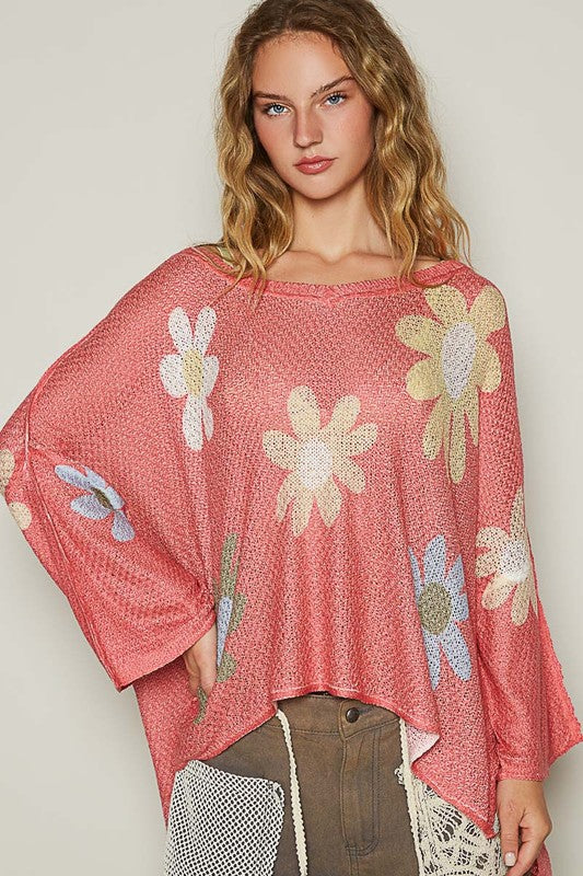 Flower Dropped Shoulder Long Sleeve Knit Top